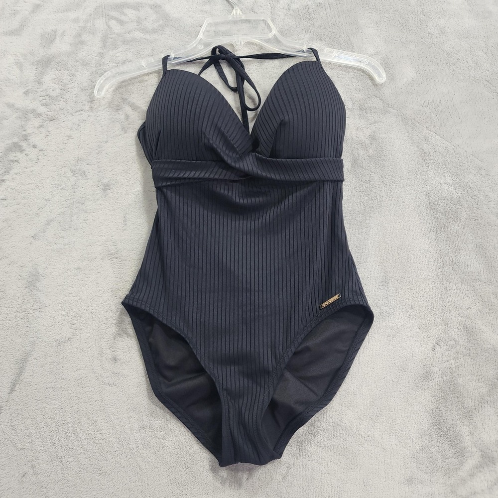 Vince Camuto Swimsuit Women 10 Black Ribbed Halter Underwire One Piece Swim